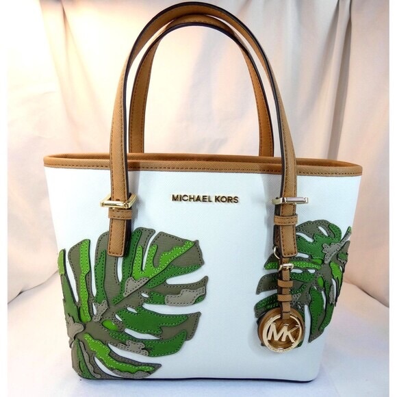 Michael Kors White Leather Palm Leaves Medium Purse Handbag Tote New ADORABLE - Picture 1 of 9